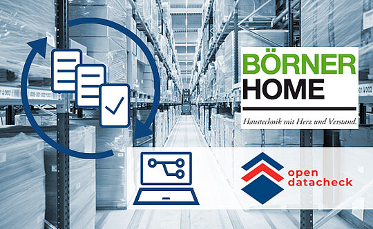 Lagerhalle im Hintergrund mit Open Datacheck und Großhandel Börner Logo auf der rechten Seite