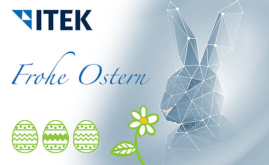 Ostergrüße mit ITEK Logo, Hase im geometrischen Muster als Hintergrund und Ostereier und Blume als Zeichnung