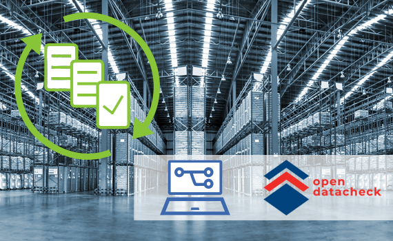 Großhandelslager mit Open Datacheck Logo im Vordergrund rechts unten.