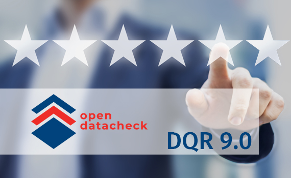 Open Datacheck Logo mit text DQR 9.0, im Hintergrund ein Mann im Anzug, der auf ein Sternsymbol zeigt.