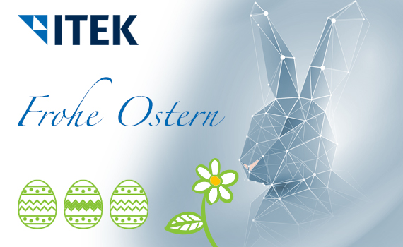 Ostergrüße mit ITEK Logo, Hase im geometrischen Muster als Hintergrund und Ostereier und Blume als Zeichnung